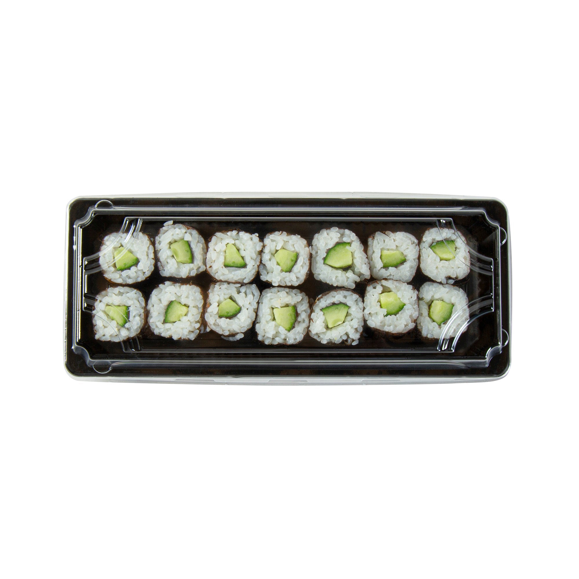 Roku Rectangle Black Plastic Take Out Sushi Tray - with Clear Lid - 8 1/2" x 3 1/4" x 1 3/4" - 100 count box