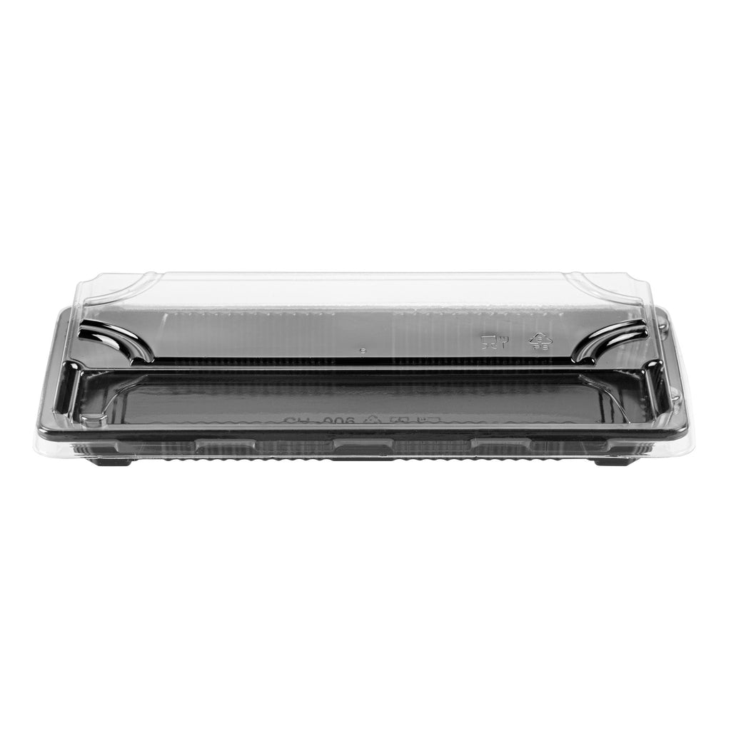 Roku Rectangle Black Plastic Take Out Sushi Tray - with Clear Lid - 8 1/2" x 3 1/4" x 1 3/4" - 100 count box