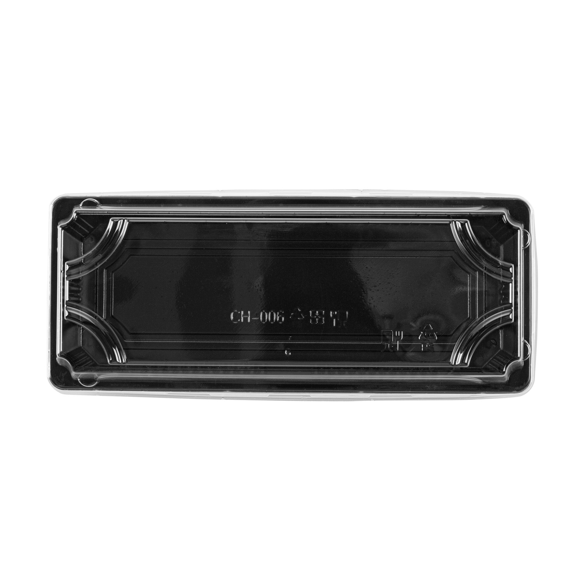 Roku Rectangle Black Plastic Take Out Sushi Tray - with Clear Lid - 8 1/2" x 3 1/4" x 1 3/4" - 100 count box