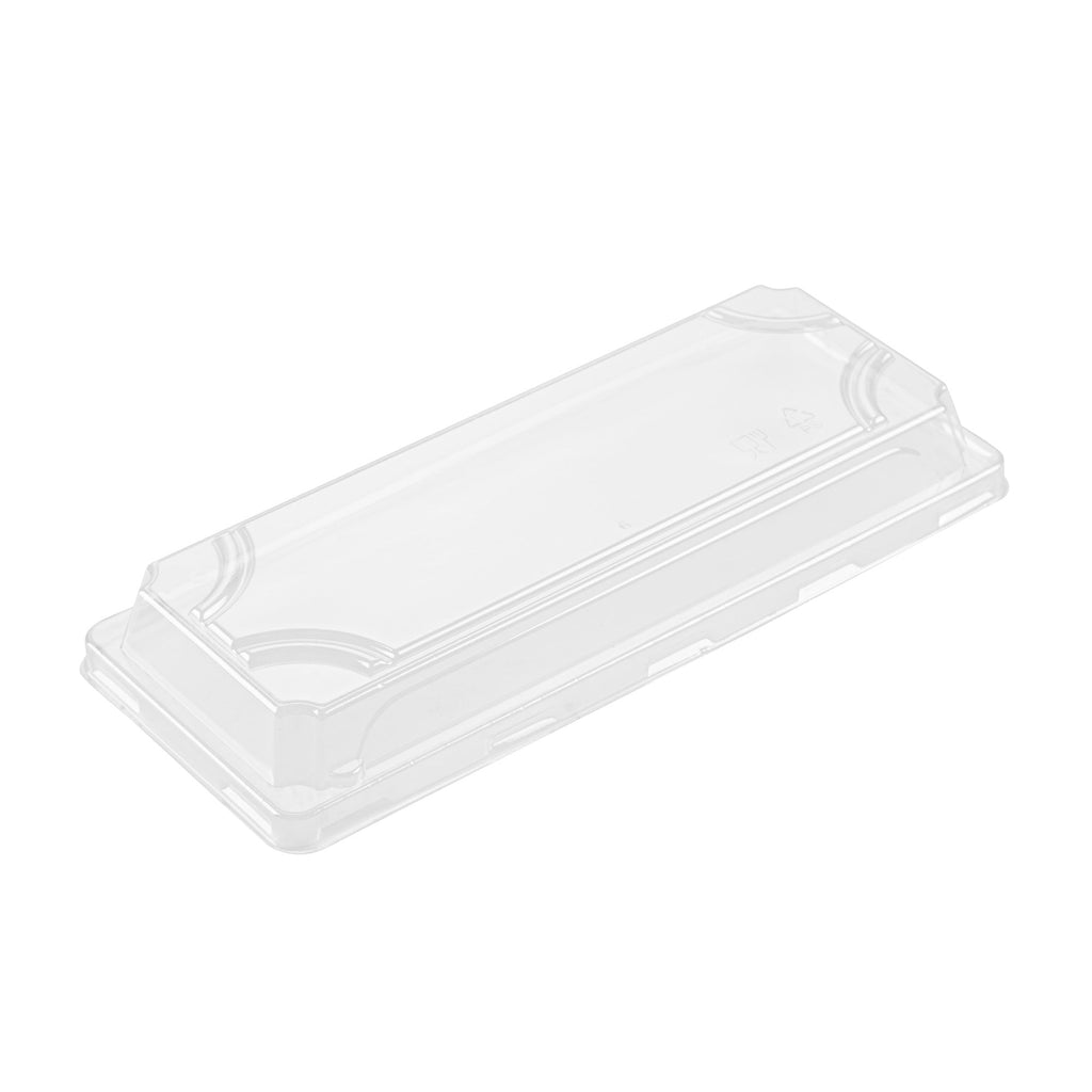 Roku Rectangle Black Plastic Take Out Sushi Tray - with Clear Lid - 8 1/2" x 3 1/4" x 1 3/4" - 100 count box