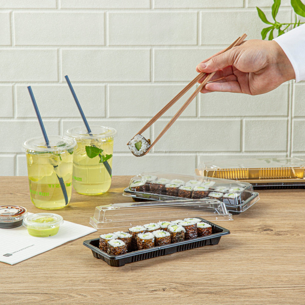 Roku Rectangle Black Plastic Take Out Sushi Tray - with Clear Lid - 8 1/2" x 3 1/4" x 1 3/4" - 100 count box
