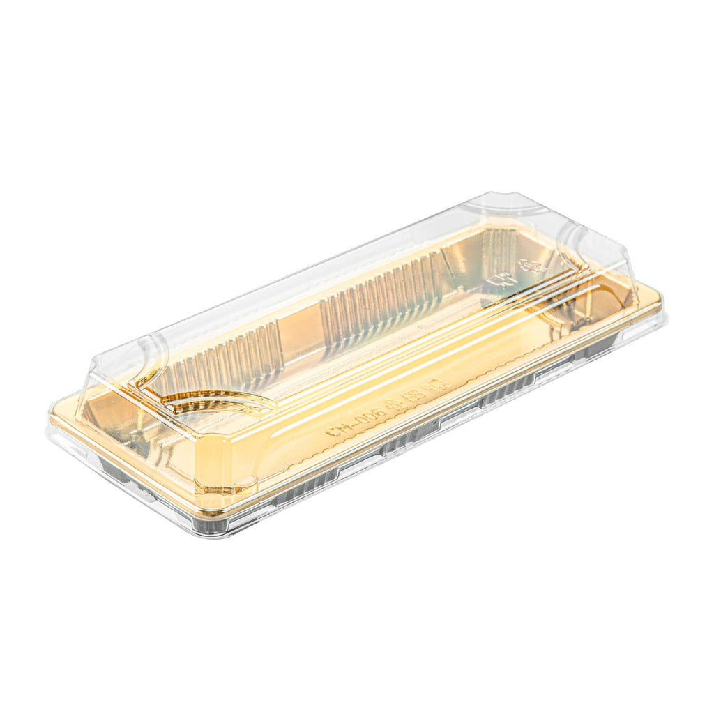 Roku Rectangle Gold Plastic Take Out Sushi Tray - with Clear Lid - 8 1/2" x 3 1/4" x 1 3/4" - 100 count box