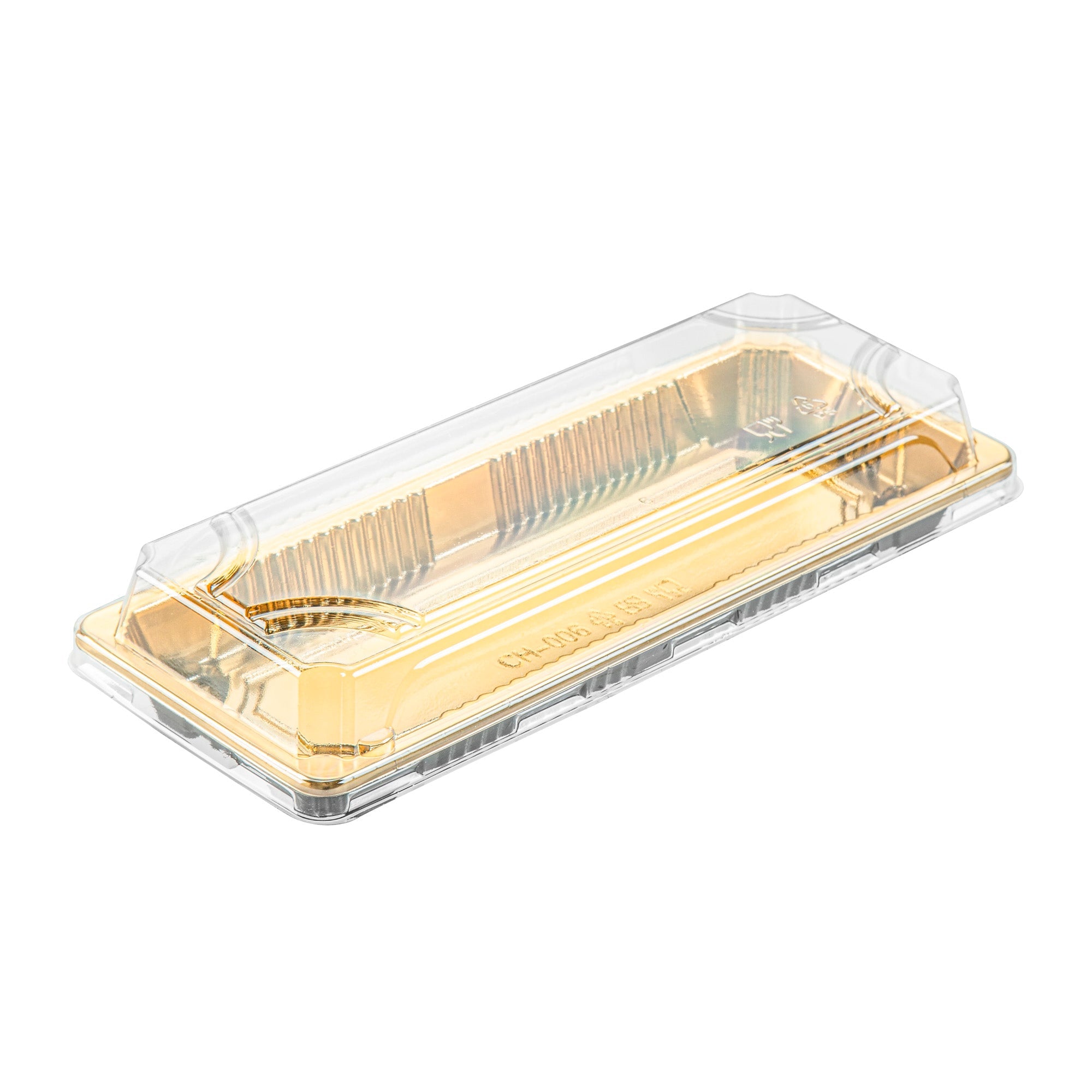 Roku Rectangle Gold Plastic Take Out Sushi Tray - with Clear Lid - 8 1/2" x 3 1/4" x 1 3/4" - 100 count box