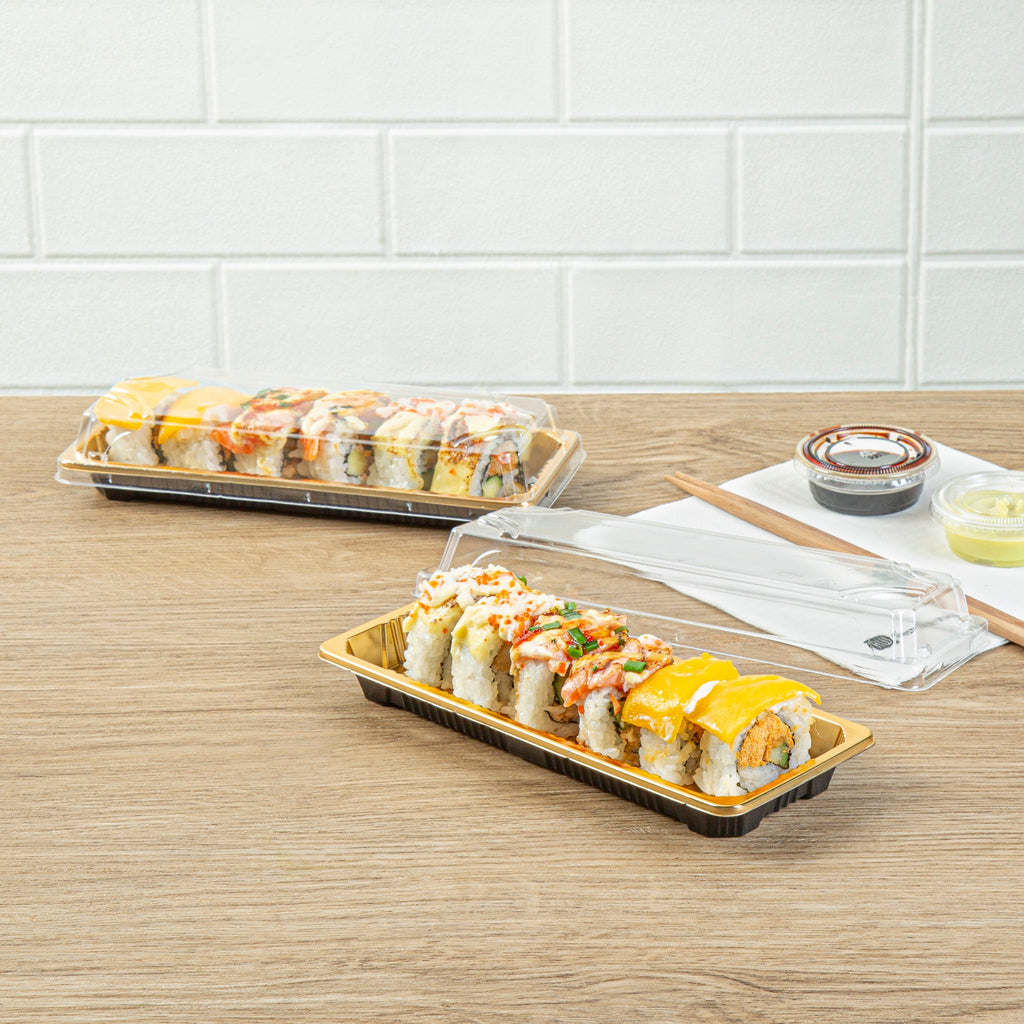 Roku Rectangle Gold Plastic Take Out Sushi Tray - with Clear Lid - 8 1/2" x 3 1/4" x 1 3/4" - 100 count box