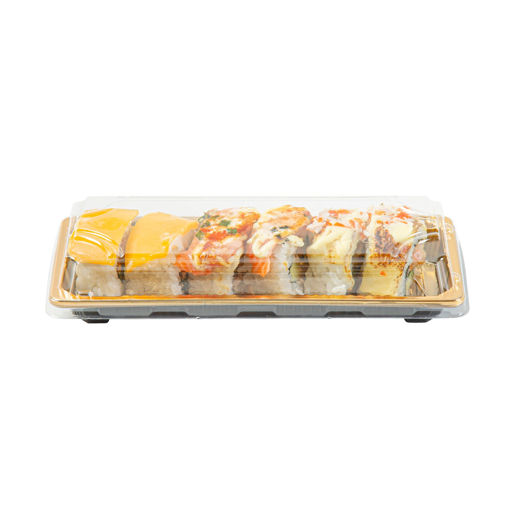 Roku Rectangle Gold Plastic Take Out Sushi Tray - with Clear Lid - 8 1/2" x 3 1/4" x 1 3/4" - 100 count box