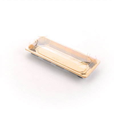 Roku Rectangle Gold Plastic Take Out Sushi Tray - with Clear Lid - 8 1/2" x 3 1/4" x 1 3/4" - 100 count box