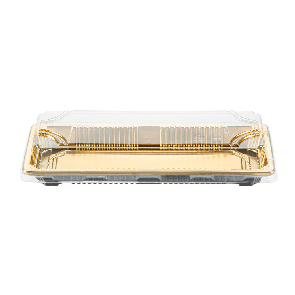 Roku Rectangle Gold Plastic Take Out Sushi Tray - with Clear Lid - 8 1/2" x 3 1/4" x 1 3/4" - 100 count box