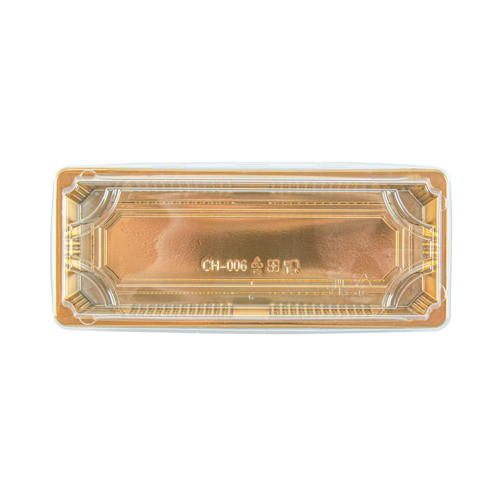 Roku Rectangle Gold Plastic Take Out Sushi Tray - with Clear Lid - 8 1/2" x 3 1/4" x 1 3/4" - 100 count box