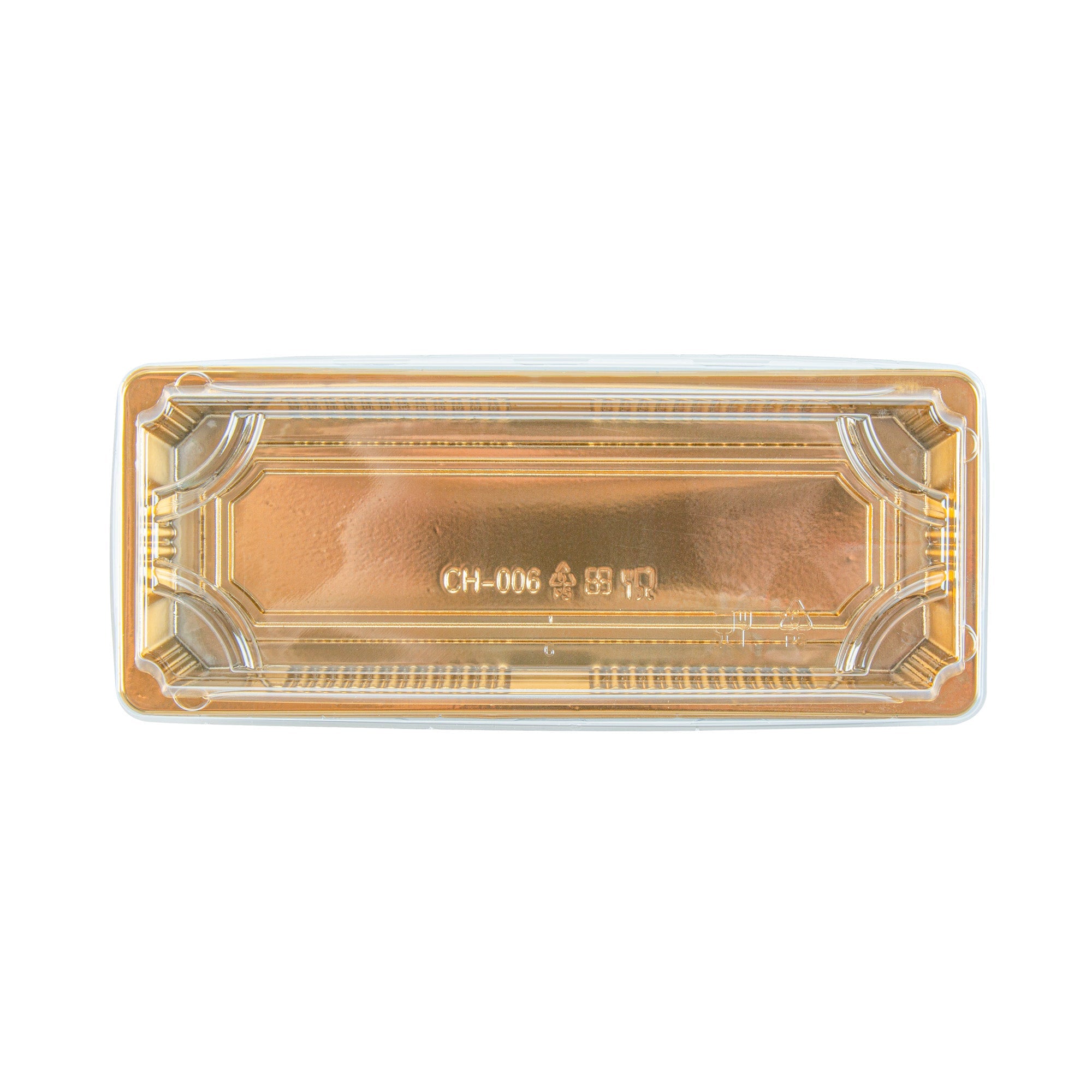 Roku Rectangle Gold Plastic Take Out Sushi Tray - with Clear Lid - 8 1/2" x 3 1/4" x 1 3/4" - 100 count box