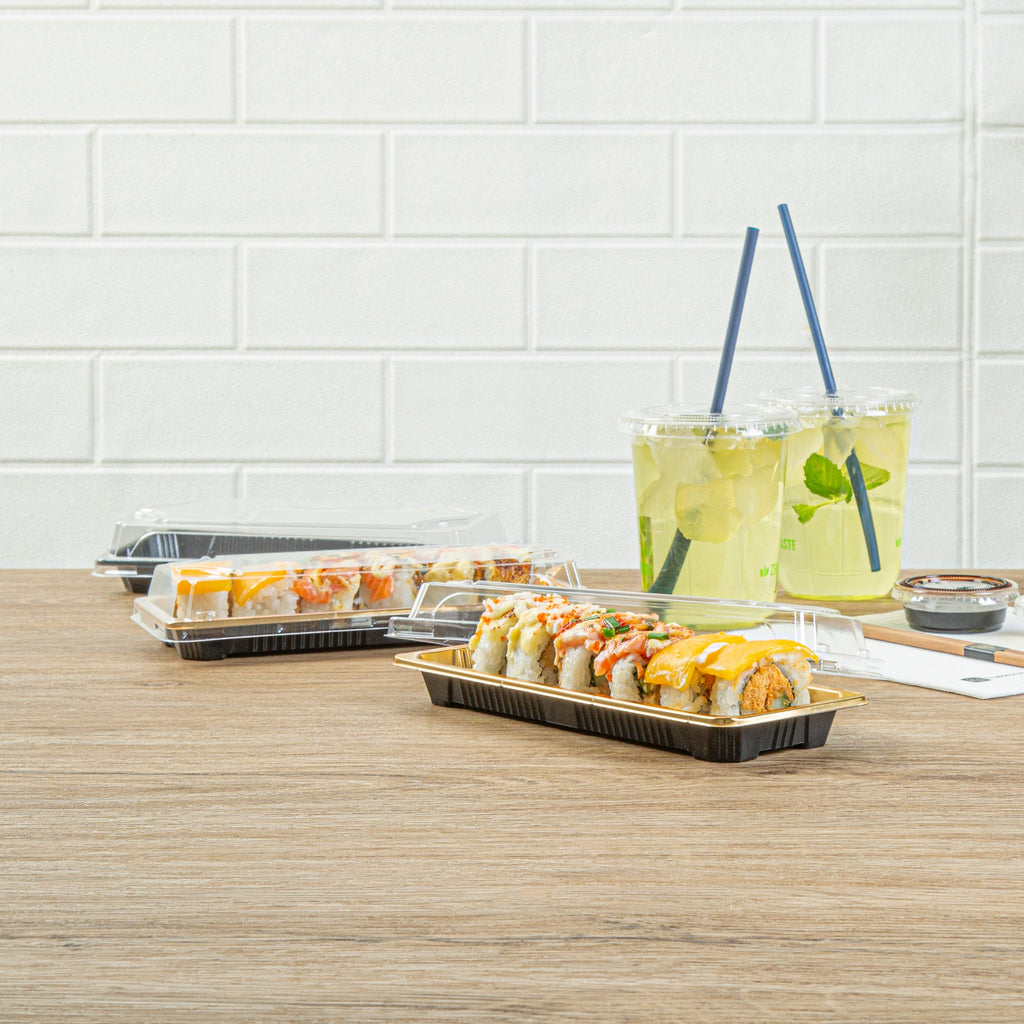 Roku Rectangle Gold Plastic Take Out Sushi Tray - with Clear Lid - 8 1/2" x 3 1/4" x 1 3/4" - 100 count box