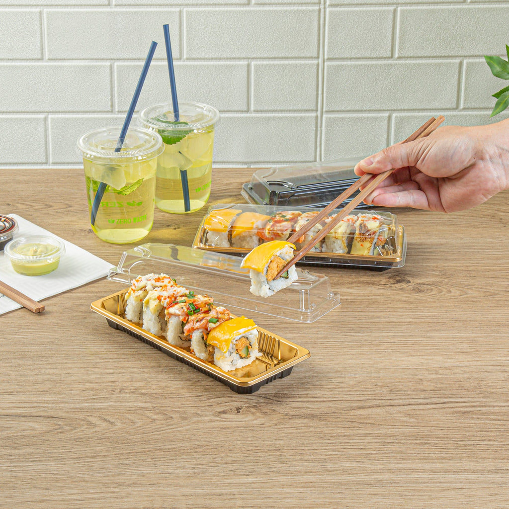 Roku Rectangle Gold Plastic Take Out Sushi Tray - with Clear Lid - 8 1/2" x 3 1/4" x 1 3/4" - 100 count box
