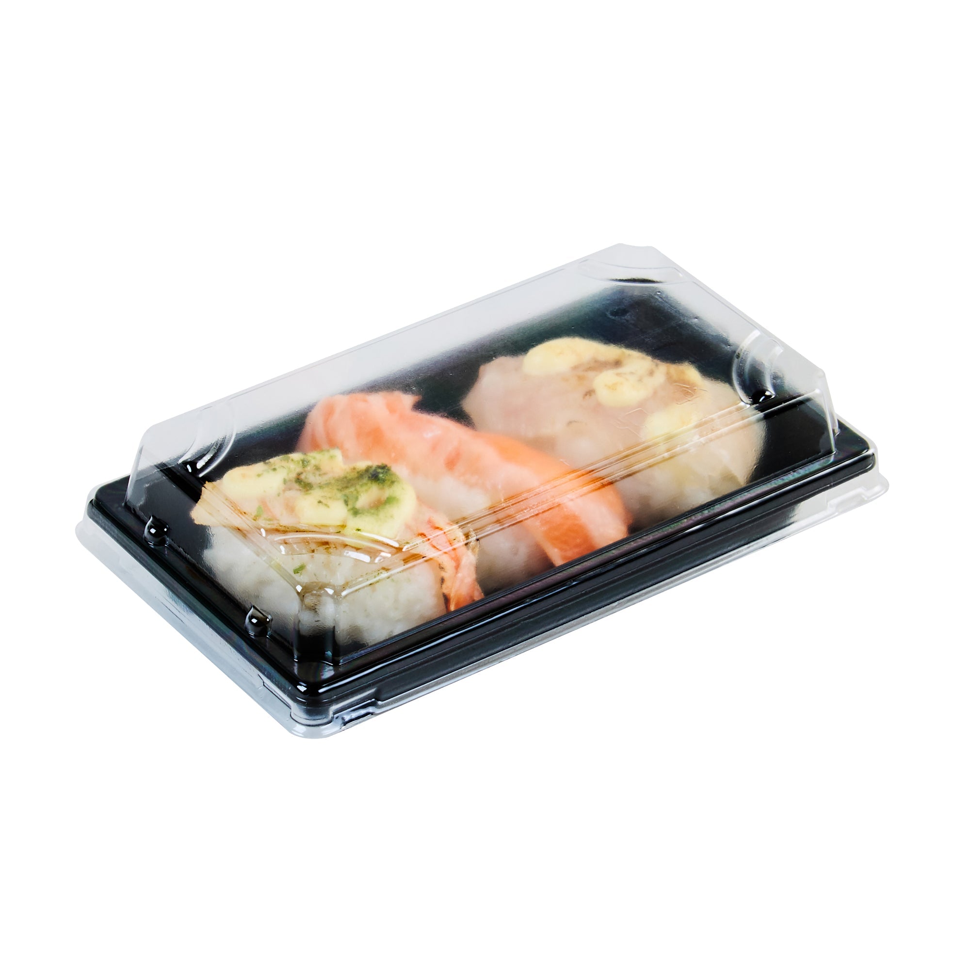 Roku Rectangle Black Plastic Take Out Sushi Tray - with Clear Lid - 5 1/4" x 3 1/4" x 1 1/2" - 100 count box