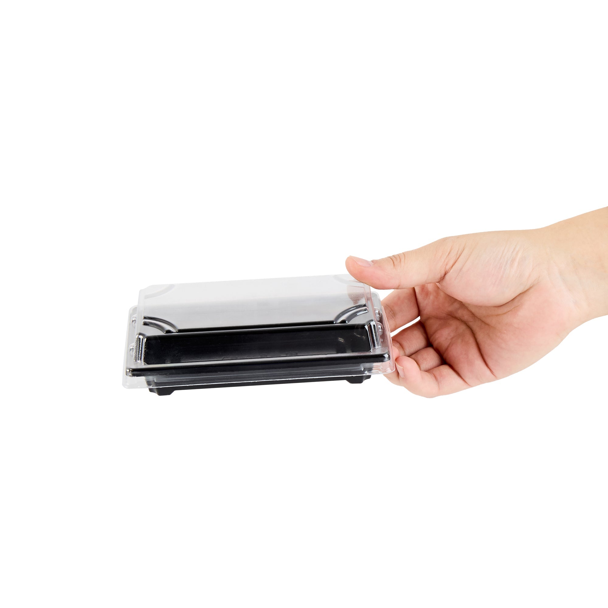 Roku Rectangle Black Plastic Take Out Sushi Tray - with Clear Lid - 5 1/4" x 3 1/4" x 1 1/2" - 100 count box