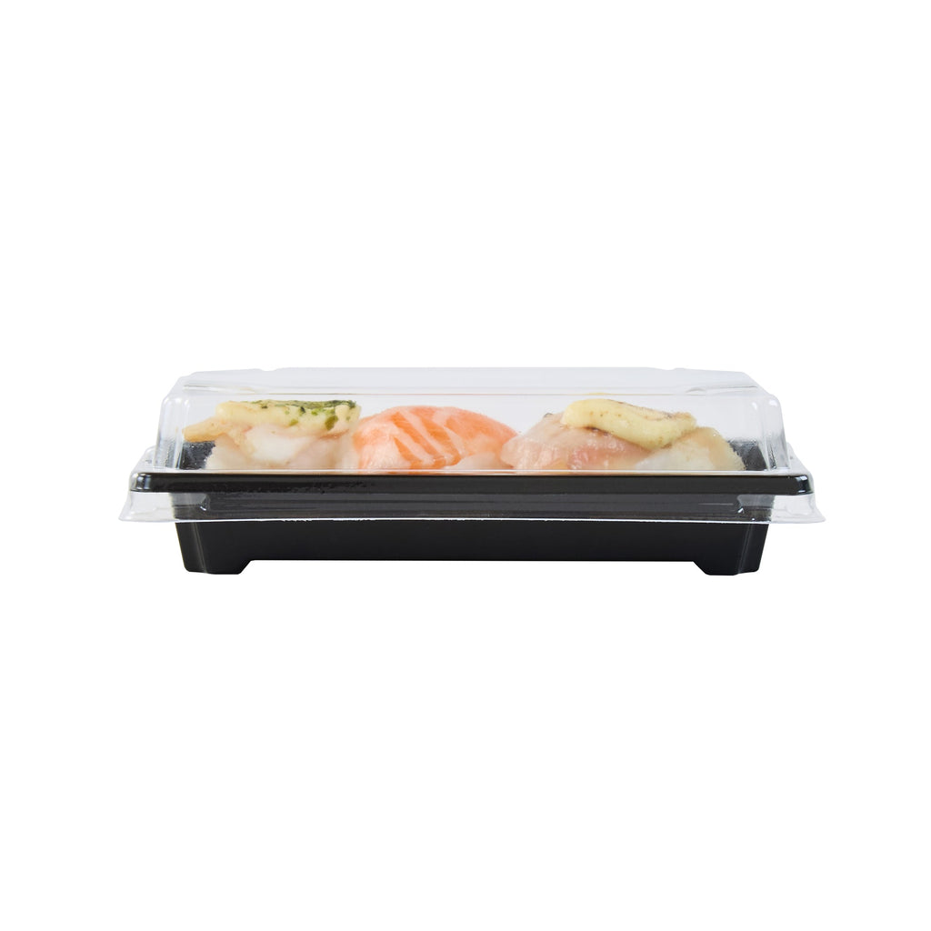 Roku Rectangle Black Plastic Take Out Sushi Tray - with Clear Lid - 5 1/4" x 3 1/4" x 1 1/2" - 100 count box