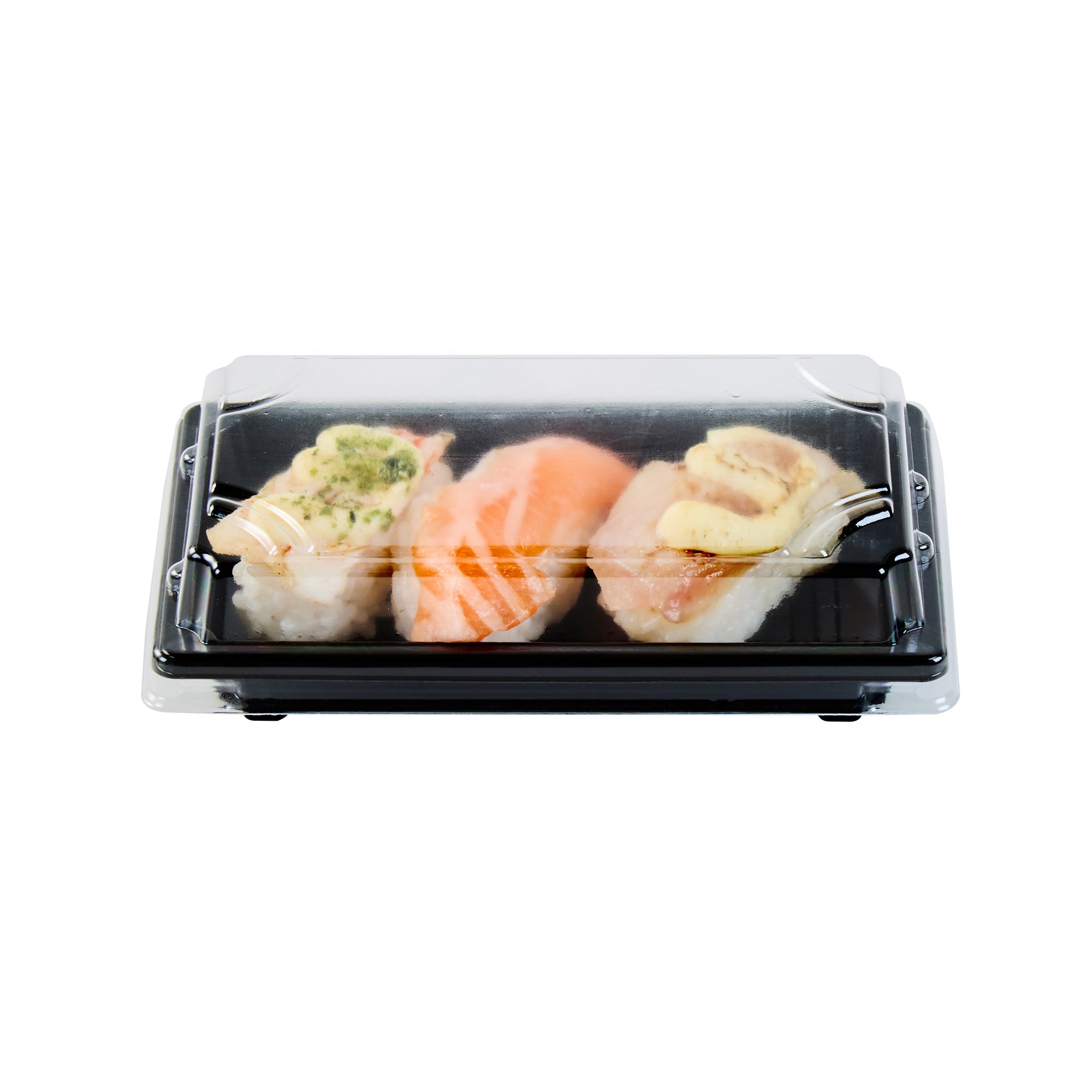 Roku Rectangle Black Plastic Take Out Sushi Tray - with Clear Lid - 5 1/4" x 3 1/4" x 1 1/2" - 100 count box