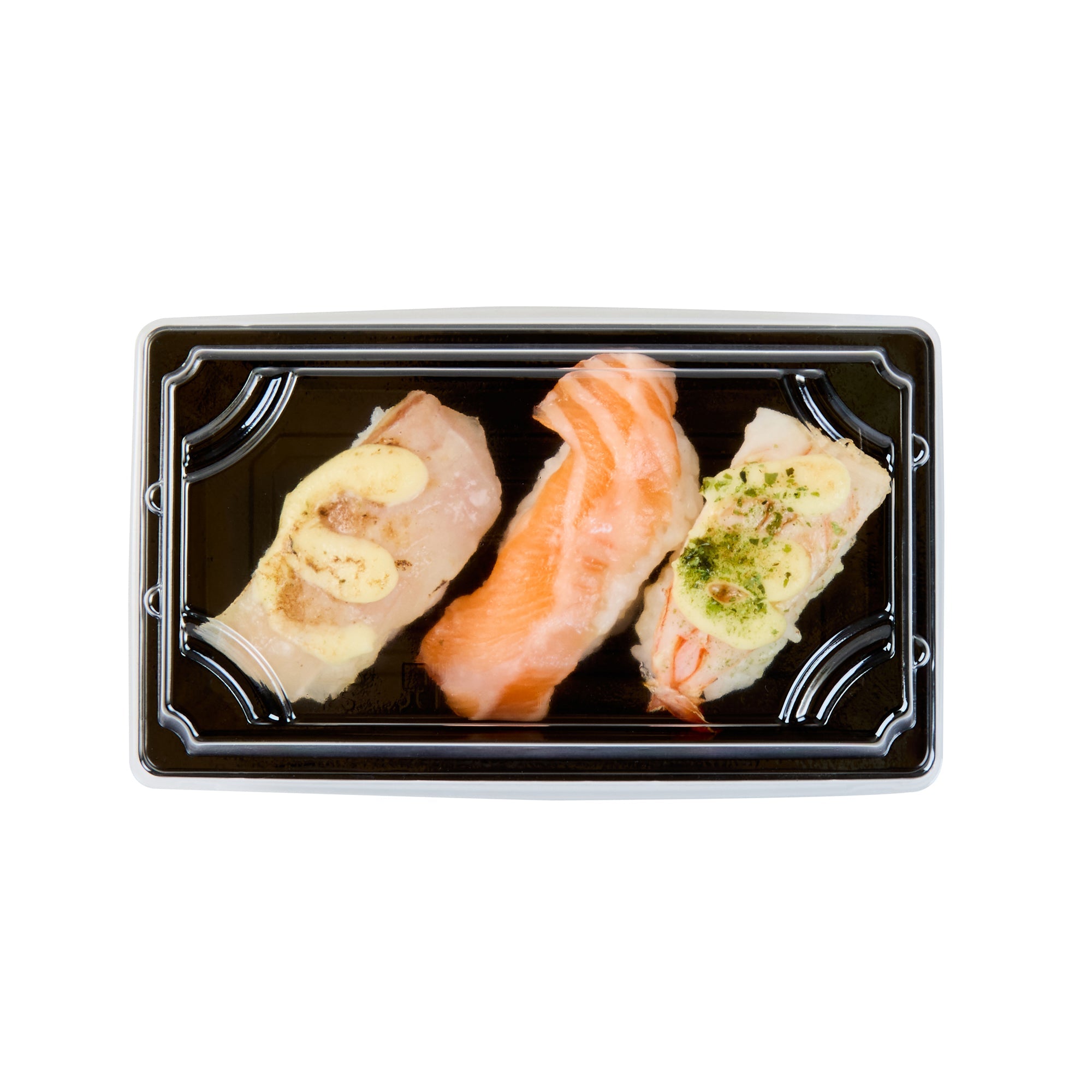 Roku Rectangle Black Plastic Take Out Sushi Tray - with Clear Lid - 5 1/4" x 3 1/4" x 1 1/2" - 100 count box