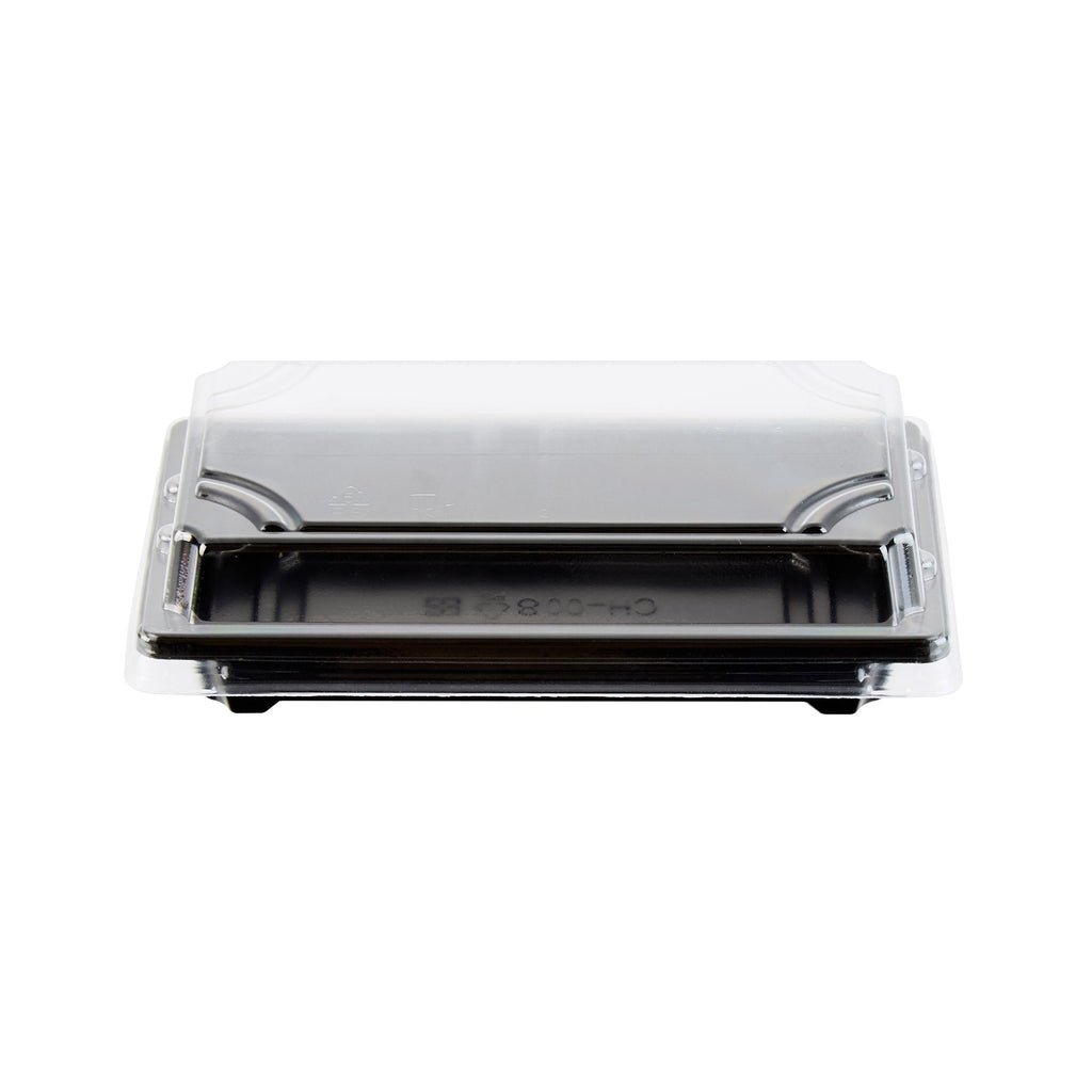 Roku Rectangle Black Plastic Take Out Sushi Tray - with Clear Lid - 5 1/4" x 3 1/4" x 1 1/2" - 100 count box