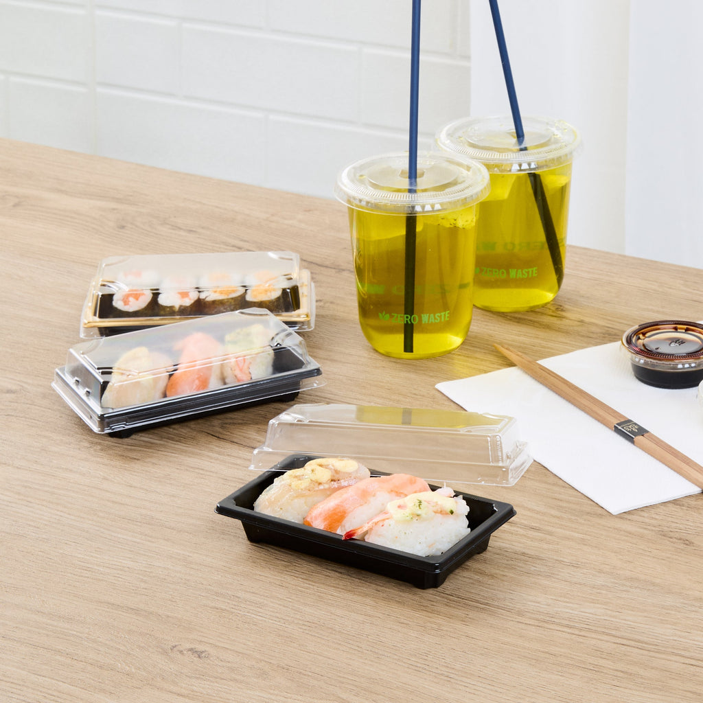 Roku Rectangle Black Plastic Take Out Sushi Tray - with Clear Lid - 5 1/4" x 3 1/4" x 1 1/2" - 100 count box