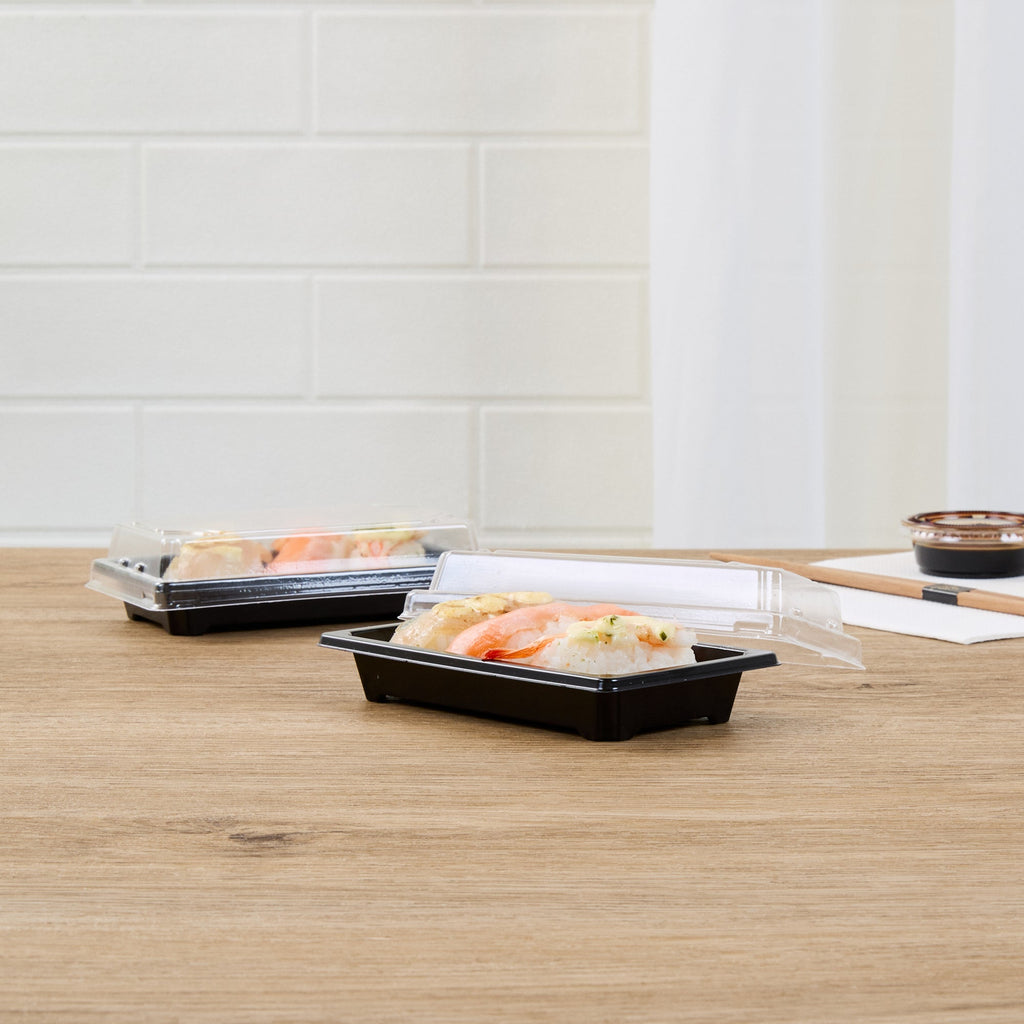 Roku Rectangle Black Plastic Take Out Sushi Tray - with Clear Lid - 5 1/4" x 3 1/4" x 1 1/2" - 100 count box