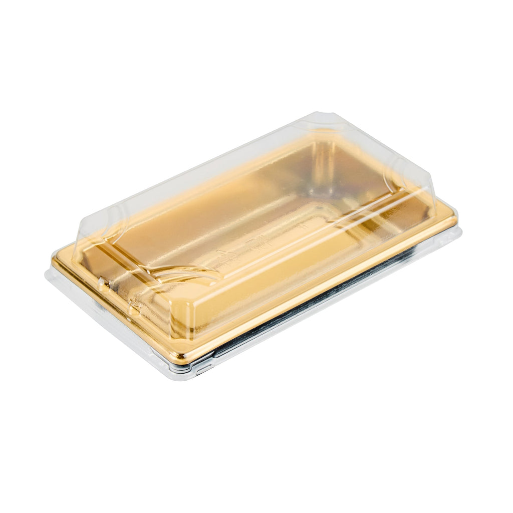 Roku Rectangle Gold Plastic Take Out Sushi Tray - with Clear Lid - 5 1/4" x 3 1/4" x 1 1/2" - 100 count box