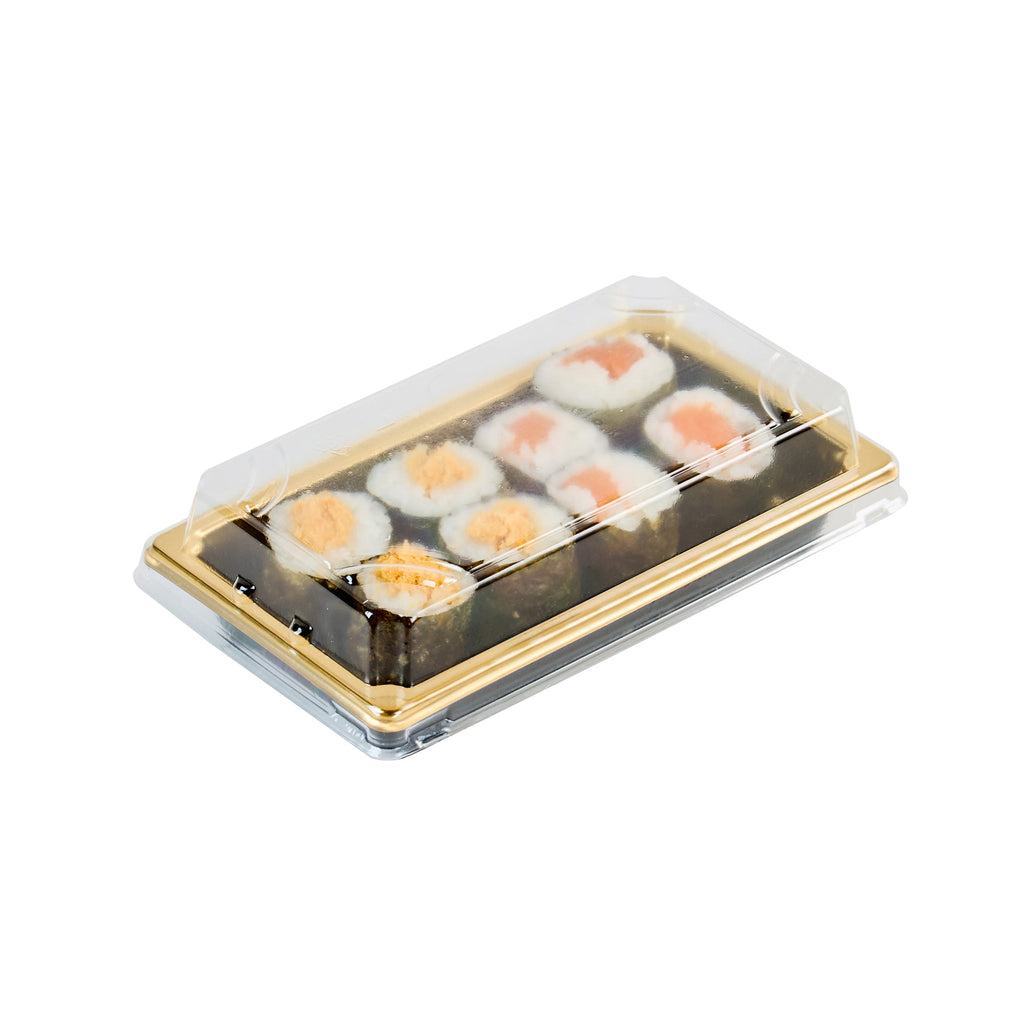 Roku Rectangle Gold Plastic Take Out Sushi Tray - with Clear Lid - 5 1/4" x 3 1/4" x 1 1/2" - 100 count box