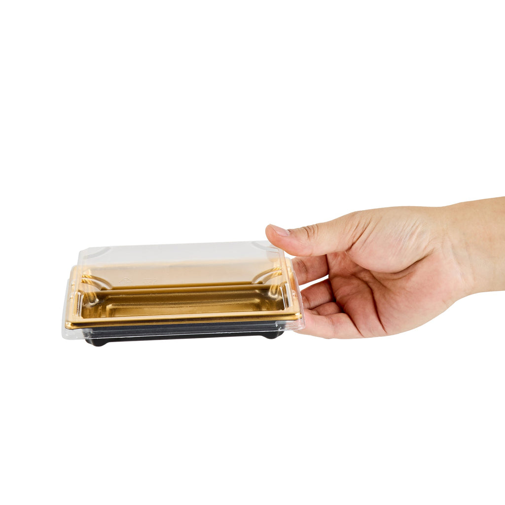 Roku Rectangle Gold Plastic Take Out Sushi Tray - with Clear Lid - 5 1/4" x 3 1/4" x 1 1/2" - 100 count box