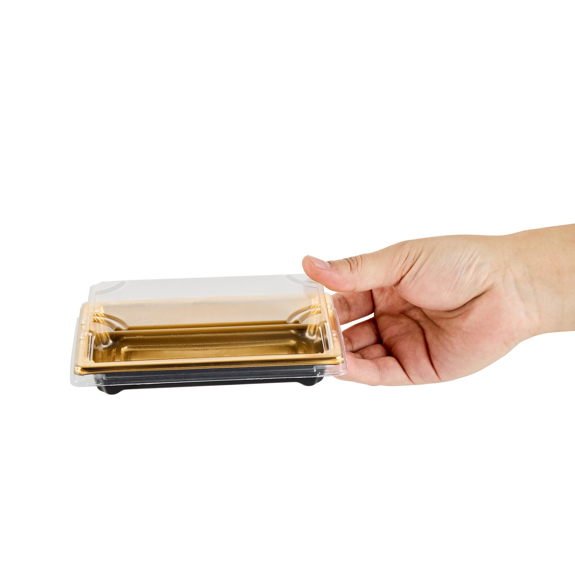 Roku Rectangle Gold Plastic Take Out Sushi Tray - with Clear Lid - 5 1/4" x 3 1/4" x 1 1/2" - 100 count box