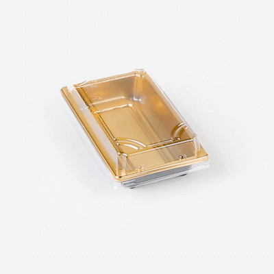 Roku Rectangle Gold Plastic Take Out Sushi Tray - with Clear Lid - 5 1/4" x 3 1/4" x 1 1/2" - 100 count box