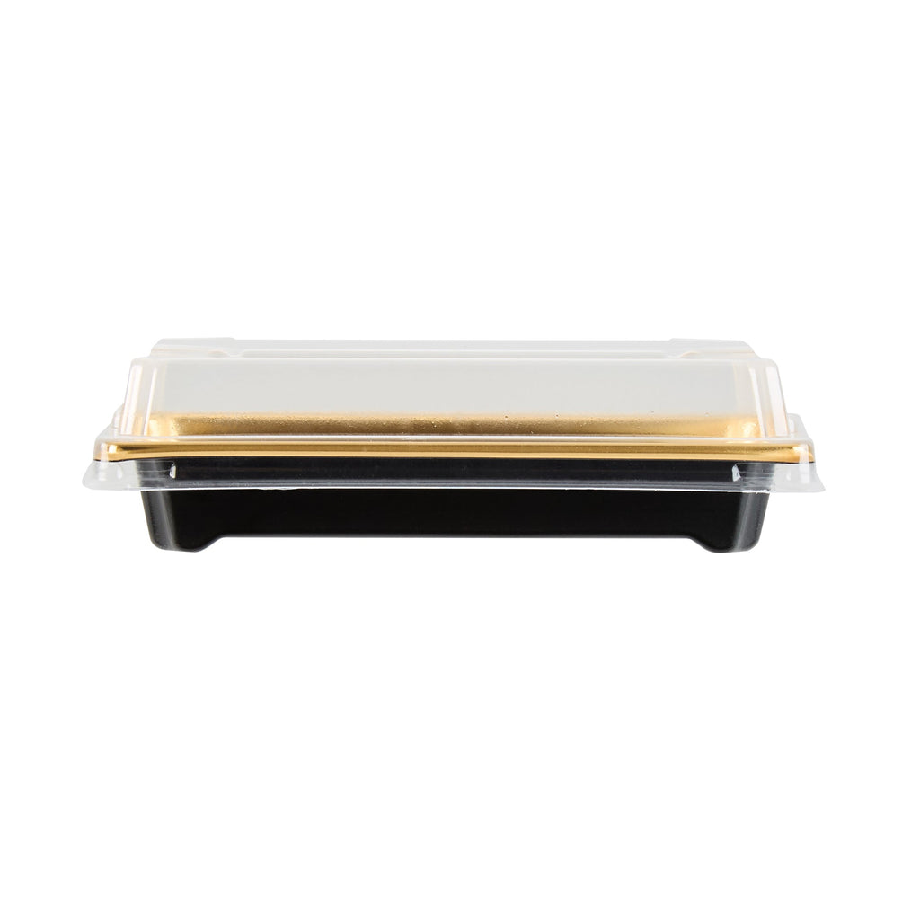 Roku Rectangle Gold Plastic Take Out Sushi Tray - with Clear Lid - 5 1/4" x 3 1/4" x 1 1/2" - 100 count box