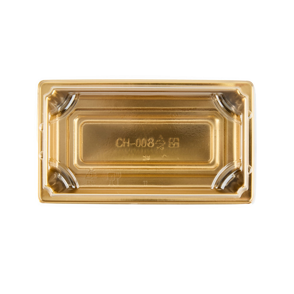 Roku Rectangle Gold Plastic Take Out Sushi Tray - with Clear Lid - 5 1/4" x 3 1/4" x 1 1/2" - 100 count box