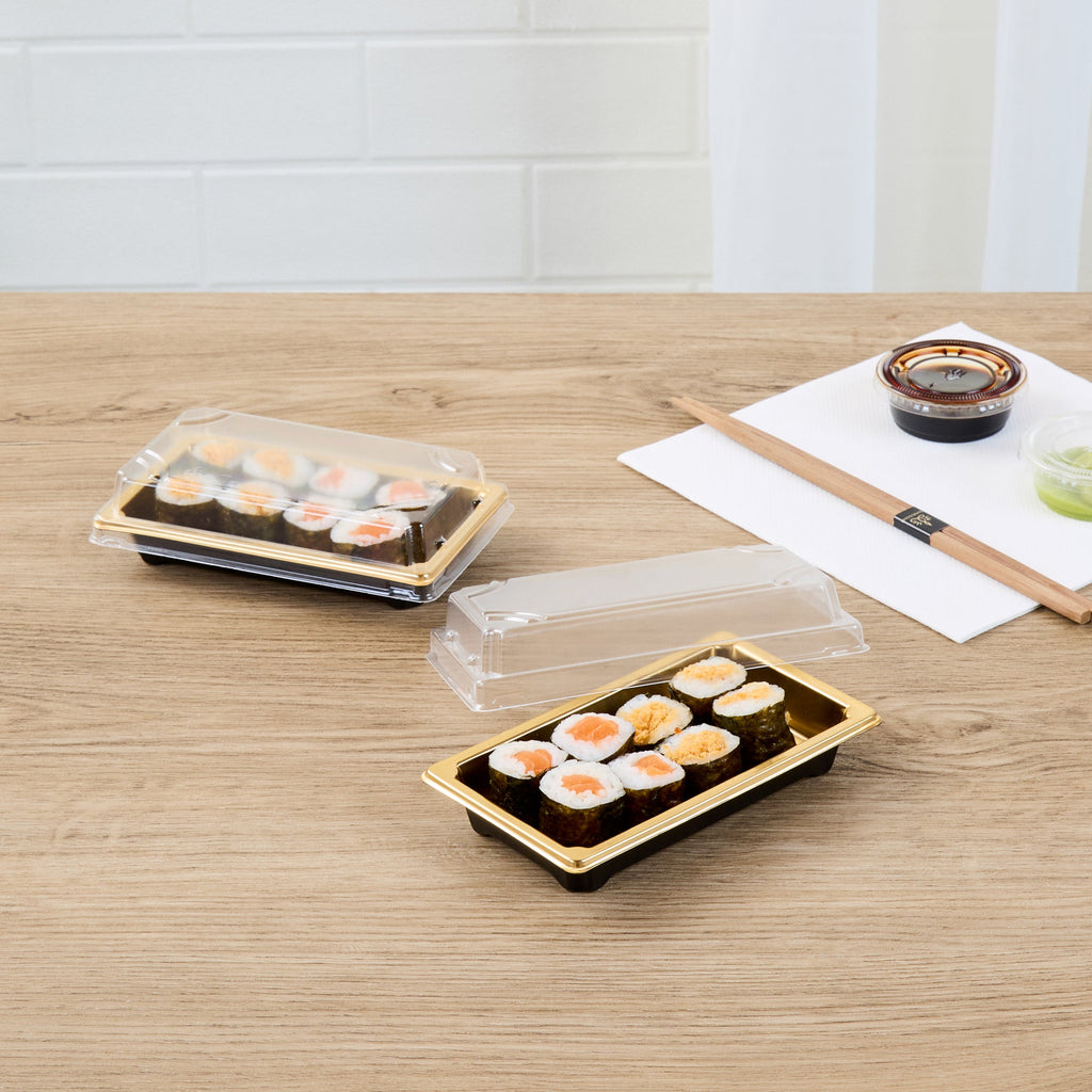 Roku Rectangle Gold Plastic Take Out Sushi Tray - with Clear Lid - 5 1/4" x 3 1/4" x 1 1/2" - 100 count box