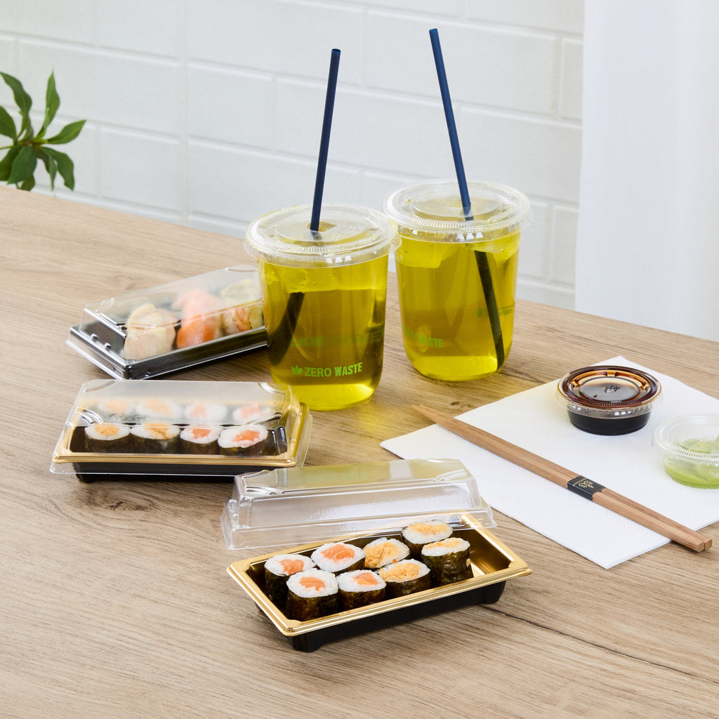 Roku Rectangle Gold Plastic Take Out Sushi Tray - with Clear Lid - 5 1/4" x 3 1/4" x 1 1/2" - 100 count box