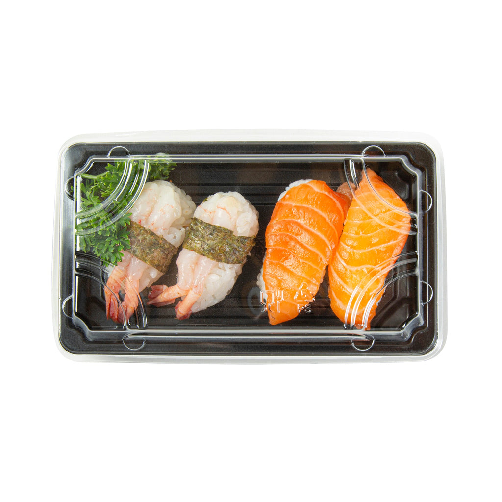 Roku Rectangle Black Plastic Take Out Sushi Tray - with Clear Lid - 6" x 3 1/2" x 1 3/4" - 100 count box