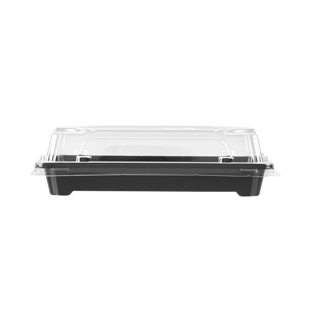 Roku Rectangle Black Plastic Take Out Sushi Tray - with Clear Lid - 6" x 3 1/2" x 1 3/4" - 100 count box