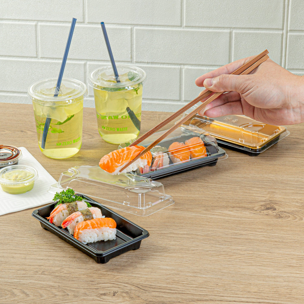 Roku Rectangle Black Plastic Take Out Sushi Tray - with Clear Lid - 6" x 3 1/2" x 1 3/4" - 100 count box