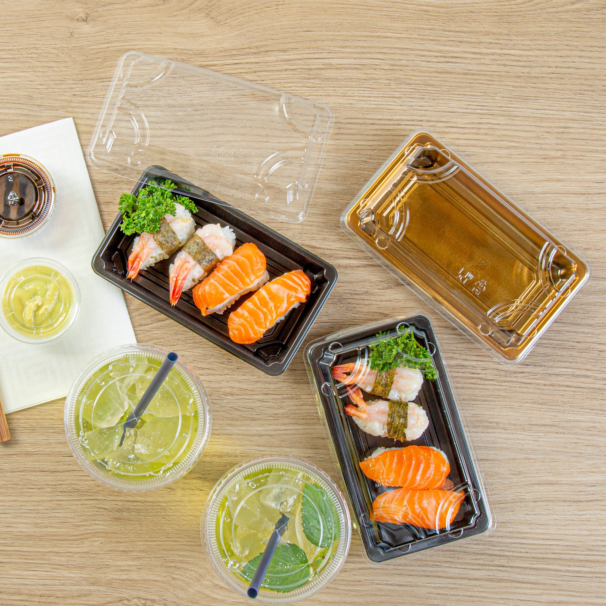 Roku Rectangle Black Plastic Take Out Sushi Tray - with Clear Lid - 6" x 3 1/2" x 1 3/4" - 100 count box