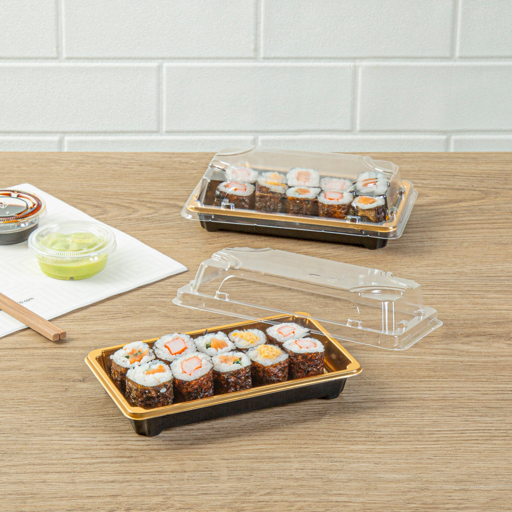 Roku Rectangle Gold Plastic Take Out Sushi Tray - with Clear Lid - 6" x 3 1/2" x 1 3/4" - 100 count box