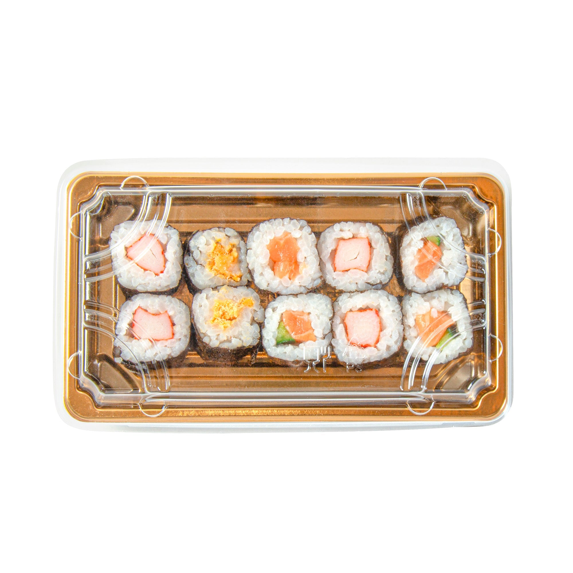 Roku Rectangle Gold Plastic Take Out Sushi Tray - with Clear Lid - 6" x 3 1/2" x 1 3/4" - 100 count box