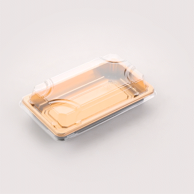 Roku Rectangle Gold Plastic Take Out Sushi Tray - with Clear Lid - 6" x 3 1/2" x 1 3/4" - 100 count box