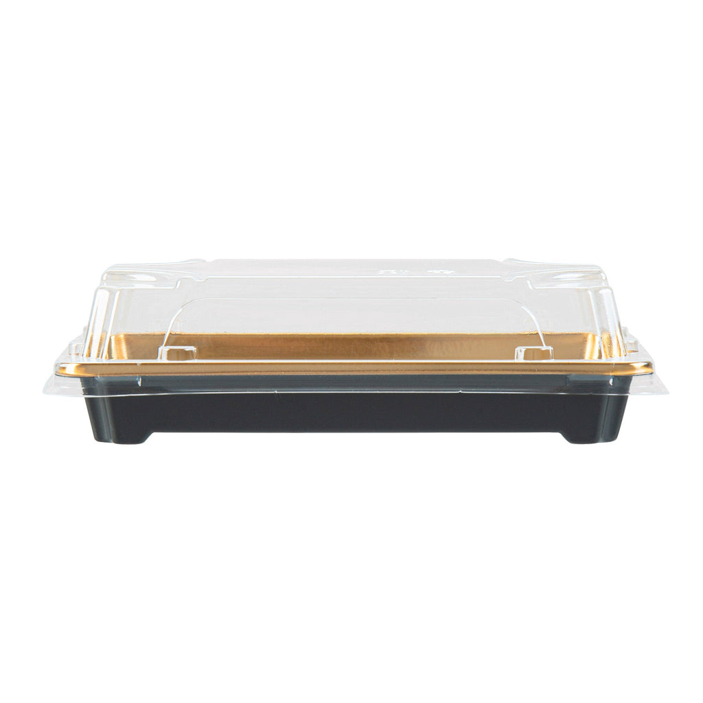Roku Rectangle Gold Plastic Take Out Sushi Tray - with Clear Lid - 6" x 3 1/2" x 1 3/4" - 100 count box