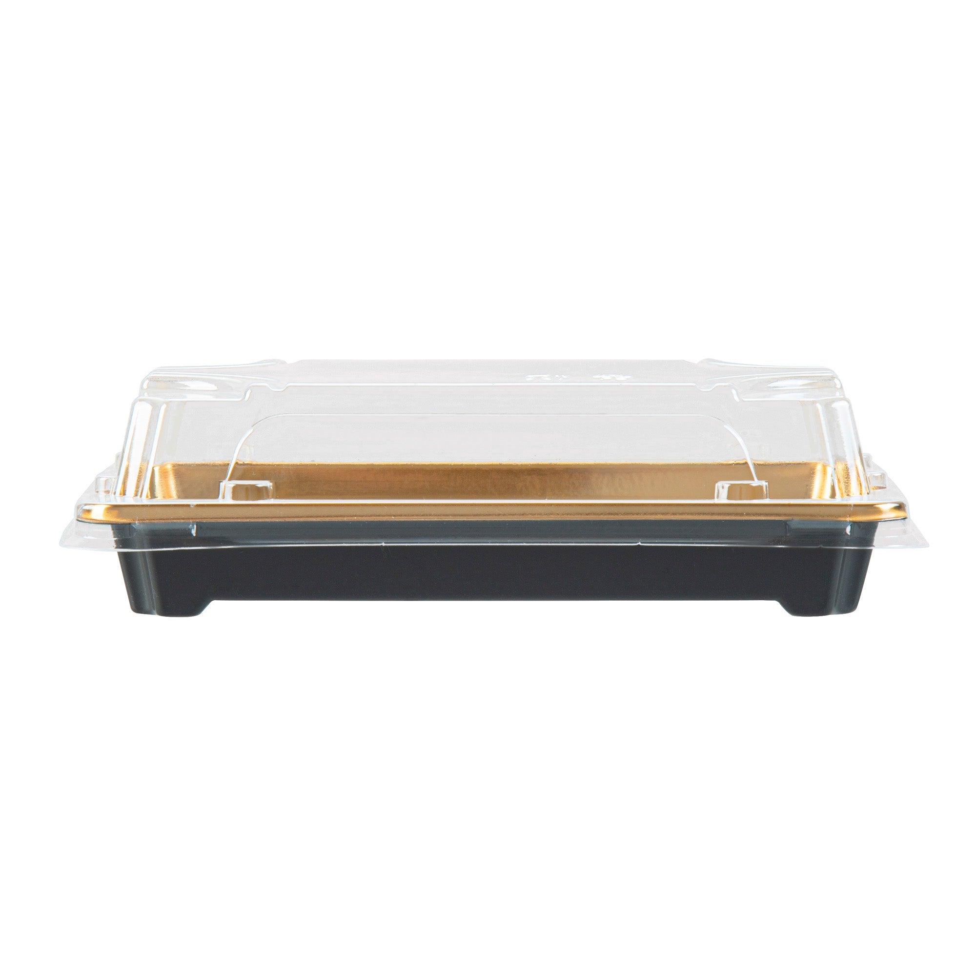 Roku Rectangle Gold Plastic Take Out Sushi Tray - with Clear Lid - 6" x 3 1/2" x 1 3/4" - 100 count box