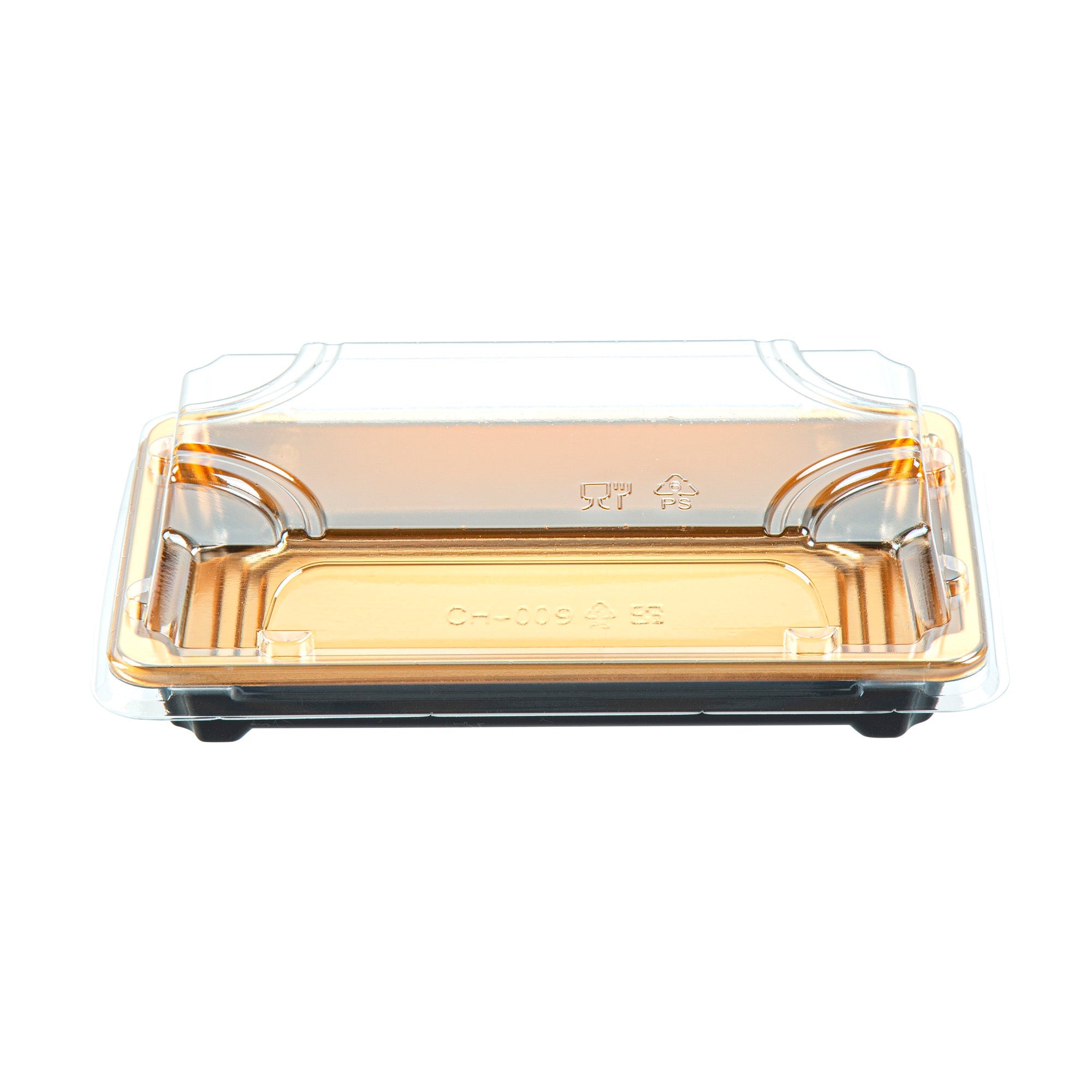 Roku Rectangle Gold Plastic Take Out Sushi Tray - with Clear Lid - 6" x 3 1/2" x 1 3/4" - 100 count box