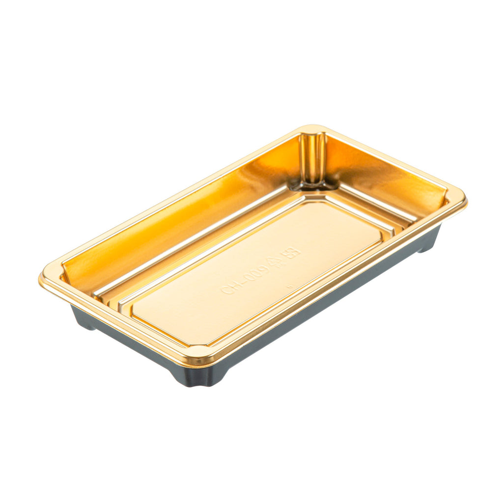 Roku Rectangle Gold Plastic Take Out Sushi Tray - with Clear Lid - 6" x 3 1/2" x 1 3/4" - 100 count box