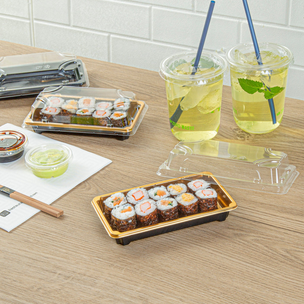 Roku Rectangle Gold Plastic Take Out Sushi Tray - with Clear Lid - 6" x 3 1/2" x 1 3/4" - 100 count box