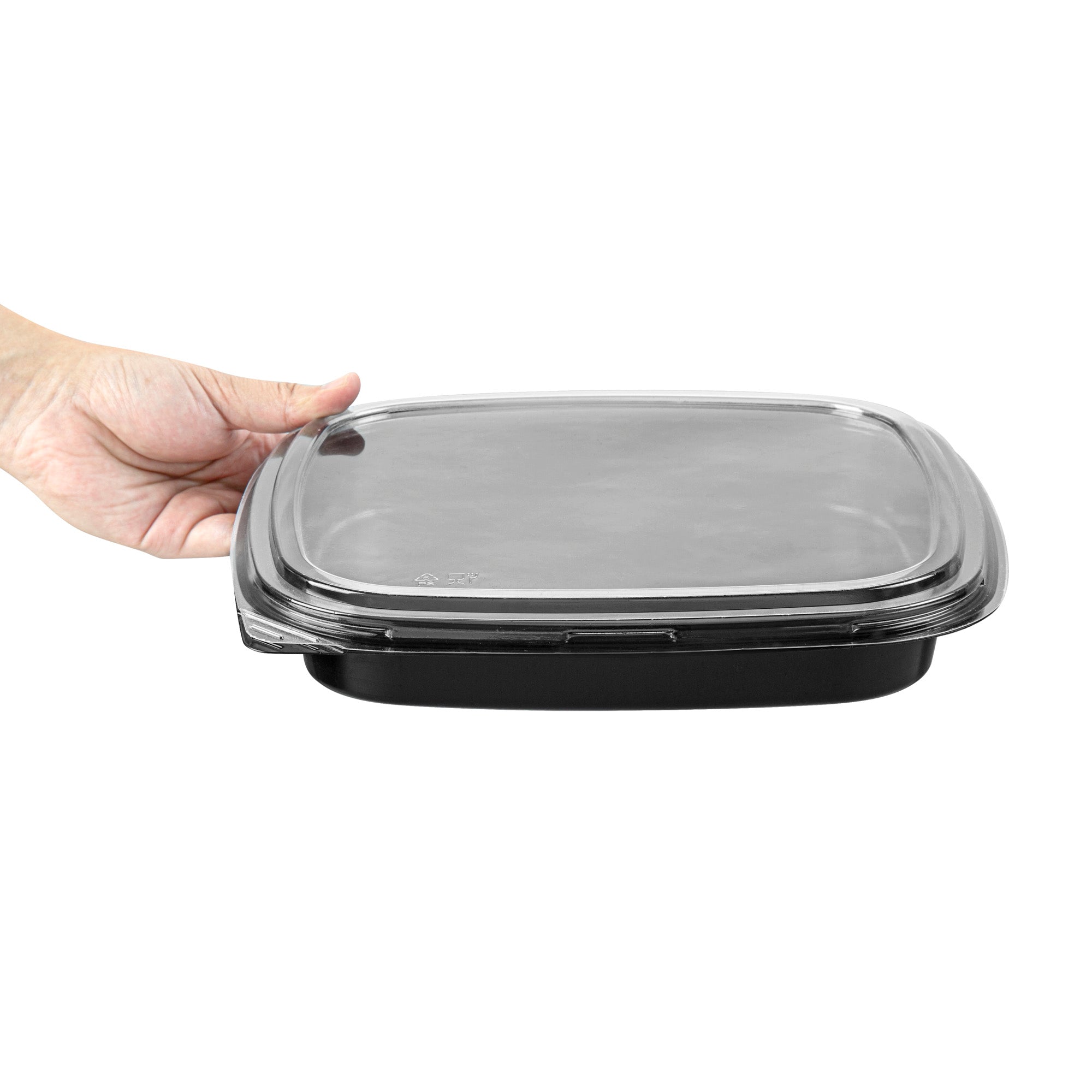 Roku Square Black Plastic Take Out Sushi Tray - with Clear Lid - 10 3/4" x 10 3/4" x 1 3/4" - 100 count box