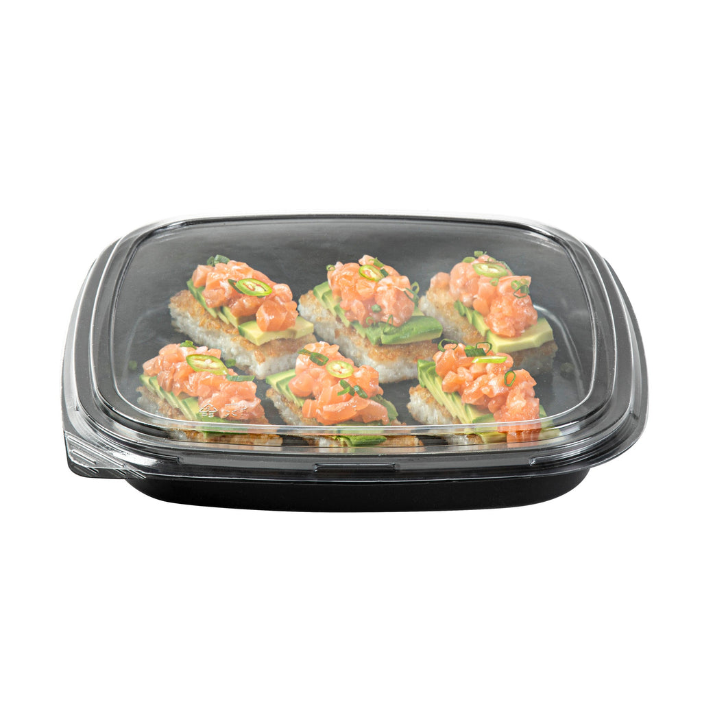 Roku Square Black Plastic Take Out Sushi Tray - with Clear Lid - 10 3/4" x 10 3/4" x 1 3/4" - 100 count box