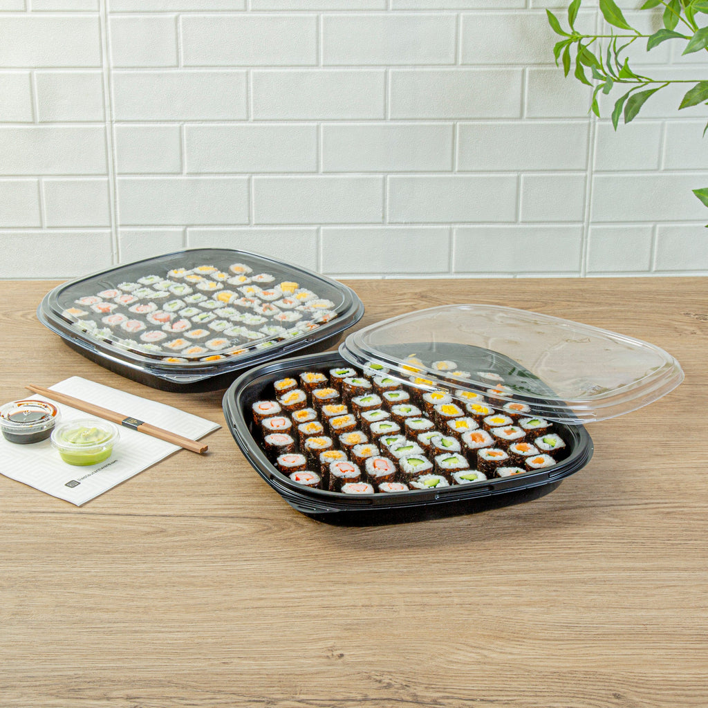 Roku Square Black Plastic Take Out Sushi Tray - with Clear Lid - 12 1/2" x 12 1/2" x 1 3/4" - 50 count box