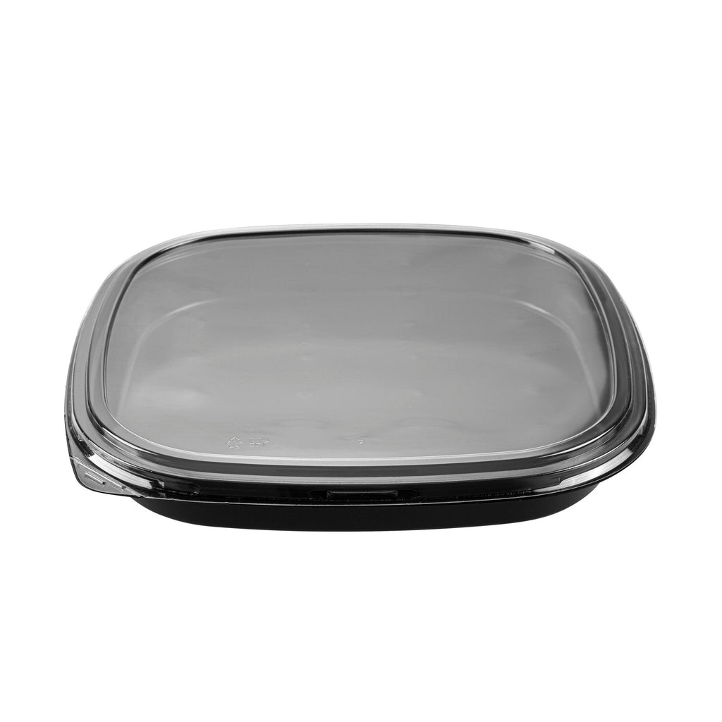 Roku Square Black Plastic Take Out Sushi Tray - with Clear Lid - 12 1/2" x 12 1/2" x 1 3/4" - 50 count box