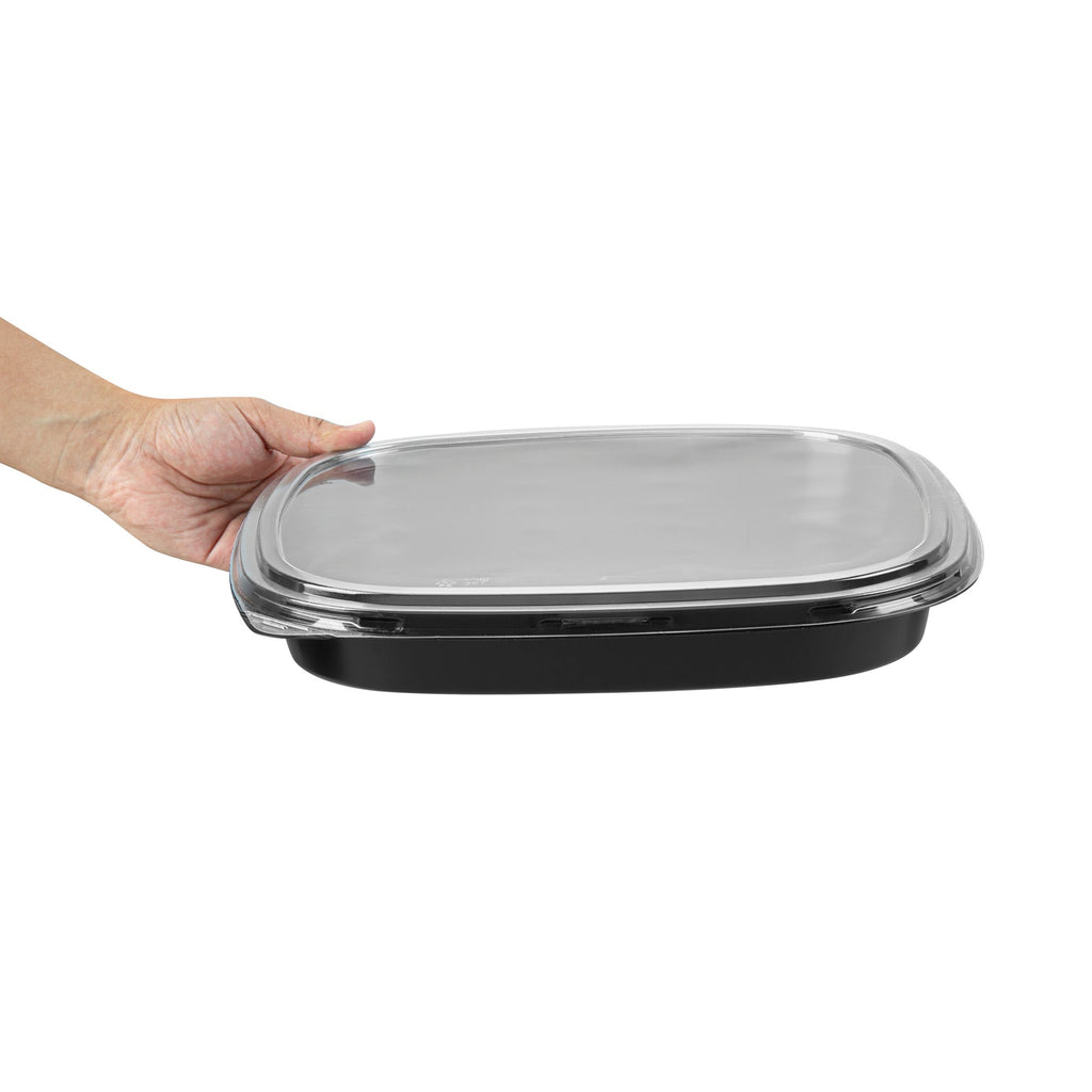 Roku Square Black Plastic Take Out Sushi Tray - with Clear Lid - 12 1/2" x 12 1/2" x 1 3/4" - 100 count box