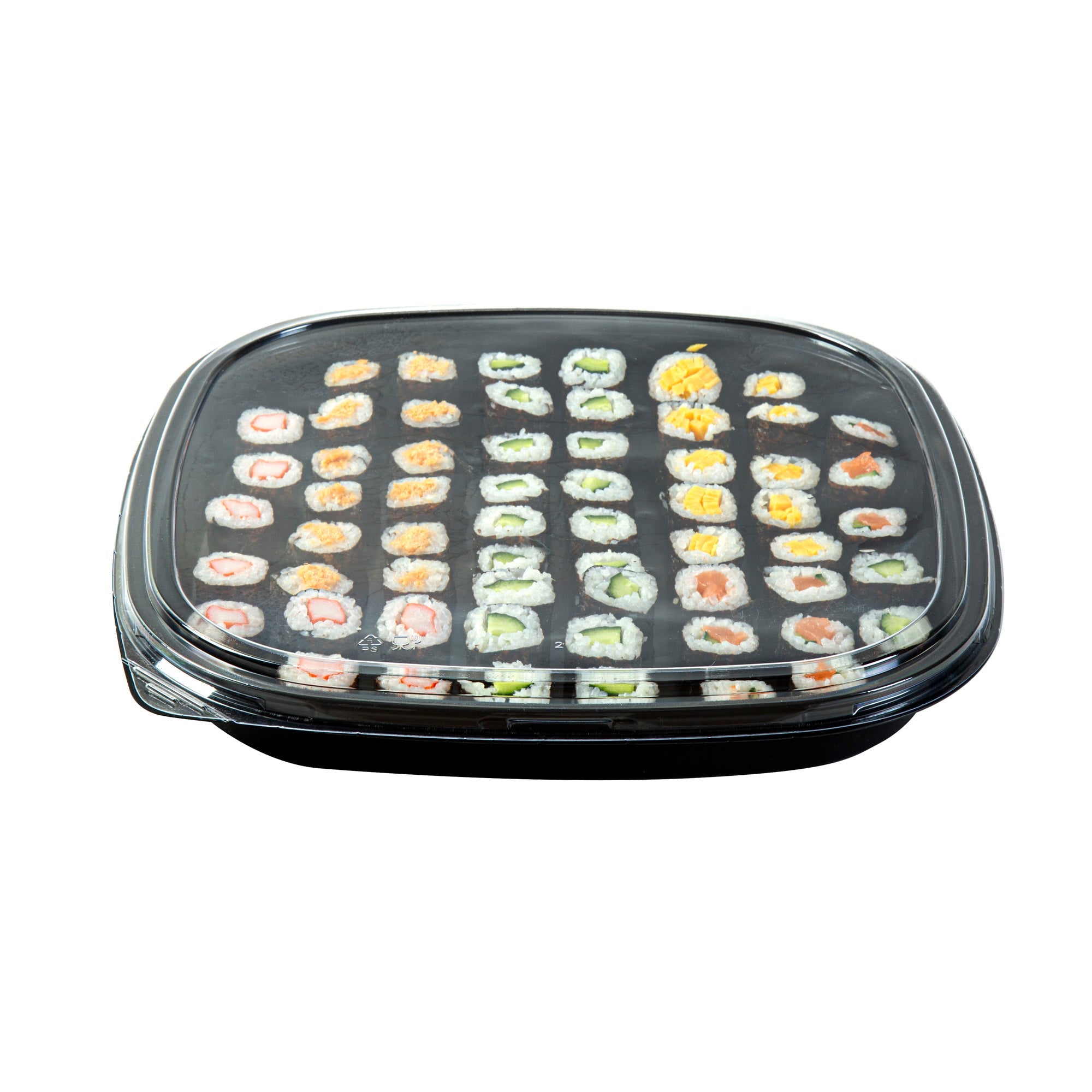 Roku Square Black Plastic Take Out Sushi Tray - with Clear Lid - 12 1/2" x 12 1/2" x 1 3/4" - 100 count box